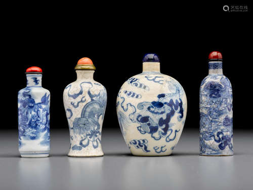 Jingdezhen kilns, 1800-1880 Four blue and white porcelain 'Buddhist lion' snuff bottles