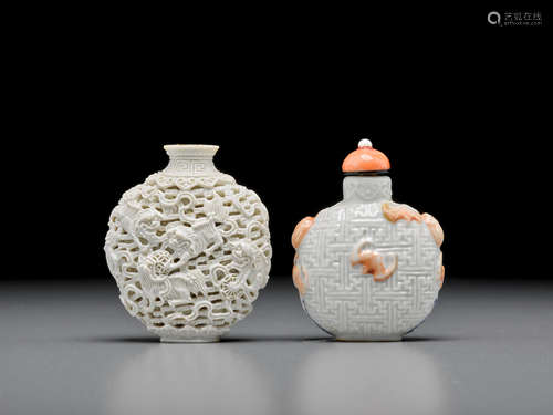 Jingdezhen kilns, 1796-1850 Two molded and enameled porcelain snuff bottles