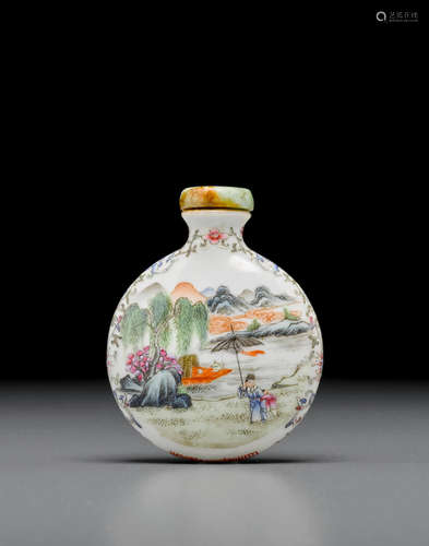 Jingdezhen kilns, Qianlong mark, 1820-1900 A famille rose enameled porcelain figural and landscape snuff bottle