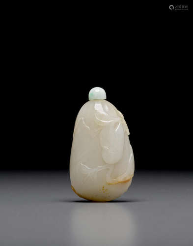 1820-1920 A white and russet jade 'melon and butterfly' snuff bottle