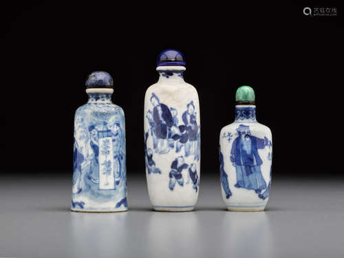 Jingdezhen kilns, 1820-1910 Three blue and white 'figural' snuff bottles