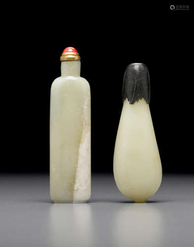 Eggplant jade bottle: 1800-1880 Two jade snuff bottles