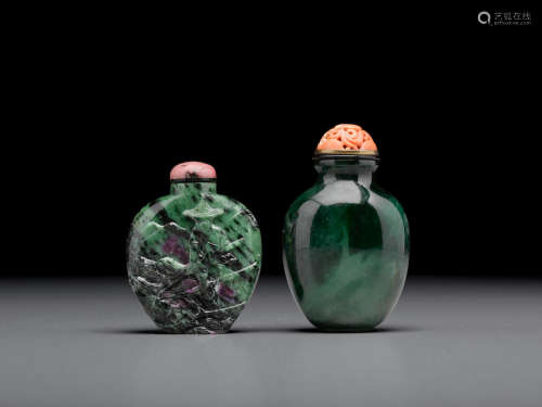 Late 19th/20th century A green jadeite snuff bottle and a hardstone snuff bottle