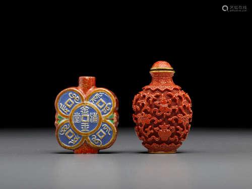 Jingdezhen kilns, 1796-1850 Two molded and glazed porcelain snuff bottles