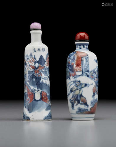 Jingdezhen kilns, 1830-1880 Two underglaze blue and copper-ded decorated porcelain 'warrior' snuff bottles