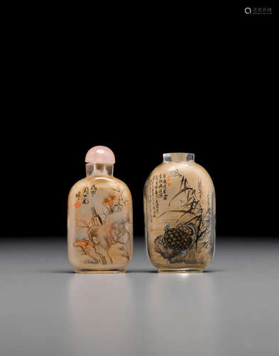 Rock crystal bottle signed by Zhou Shaoyuan: 1908  Two inside-painted snuff bottles