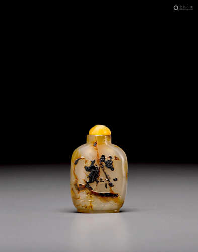 Suzhou school, 1800-1860  A chalcedony snuff bottle carved with a boy and a lion dog