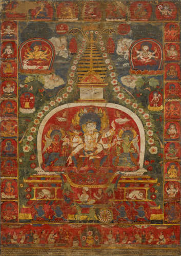 繪尊勝菩薩坐於白佛塔圖博巴。