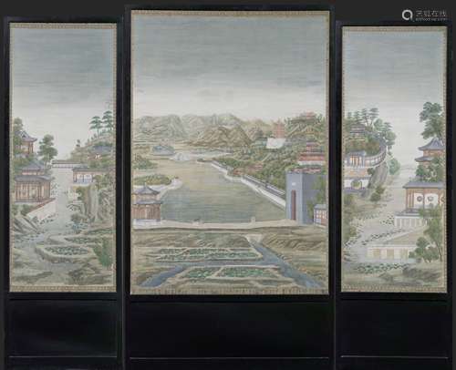 頤和園。墨彩絹本。中國，约1900年，125x49 / 135x95 釐米 (画) ，173x58 /  182x105釐米 (折)