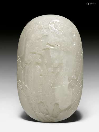 卵型白玉浮雕山水圖玉牌。