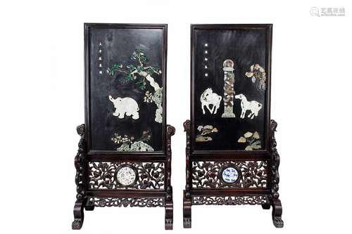 Pair of gems and jade inlaid rosewood screens