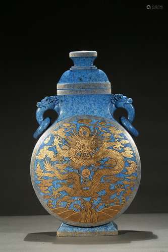 A large lapis lazuli gilt-decorated dragon moonflask vase