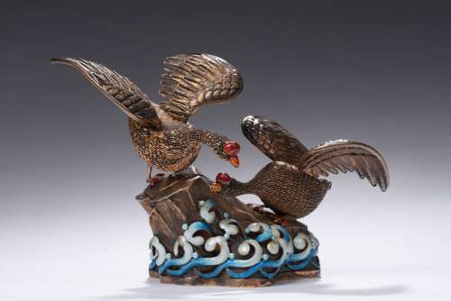 A gilt silver filigree swans group