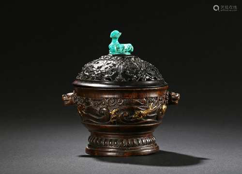 An agarwood 'mythical beasts' gilt-painted censer