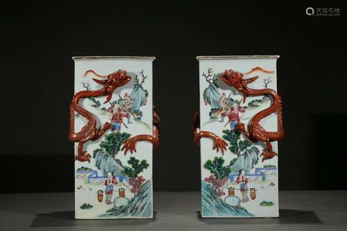 A pair of rectangular famille rose 'figures' vases