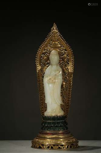 A jade Guanyin w/ gilt-bronze gems inlaid stand