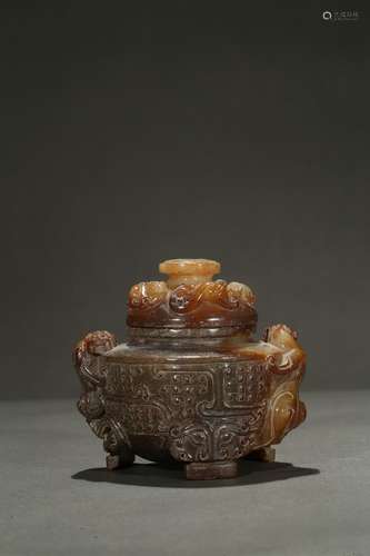 A jade carved chilong tripod censer