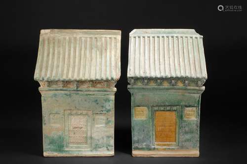 Two green glazed ceramic house models