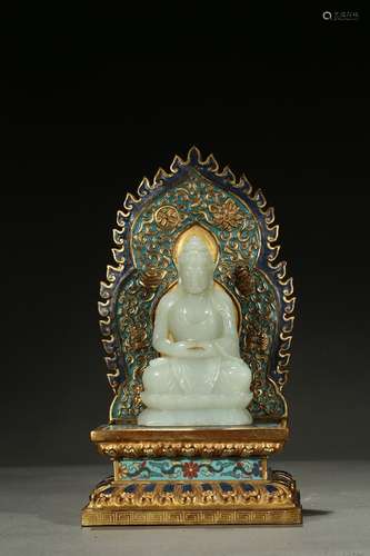 A white jade Amitabha w/ cloisonne enamel stand