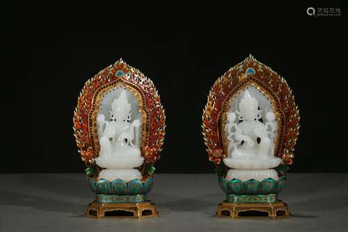 Pair of enamelled gold gems inlaid white jade deities