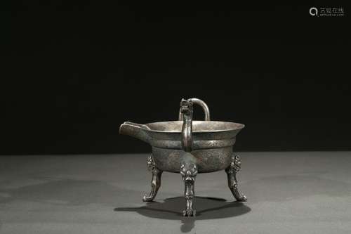 A silver cast ewer-form tripod censer