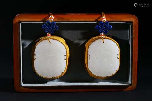 Pair of white jade 'figures poem' pendants w/ bamboo box