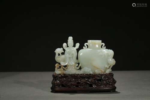 A white jade 'figure and phoenix' vase group