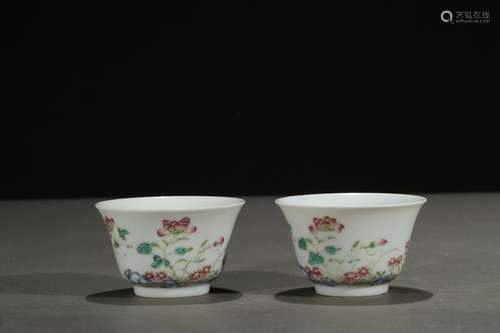 A pair of famille rose 'peony' cups