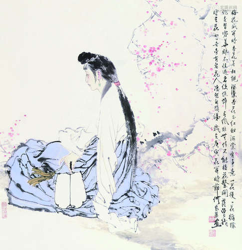 何家英  梅花仕女 纸本立轴