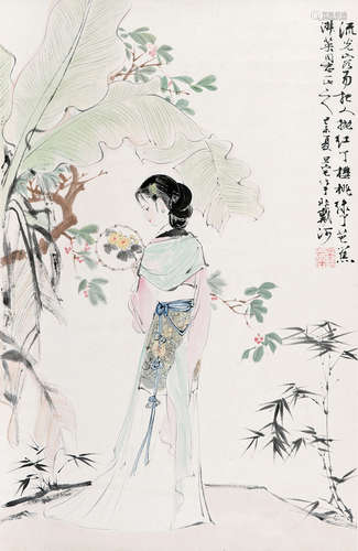 刘旦宅 蕉荫仕女 立轴 纸本设色