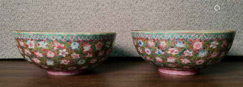 Pair Chinese Egg Shell Porcelain Bowls with Milifloral Motif