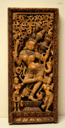 Indian Carved Wood Panel of Dancer