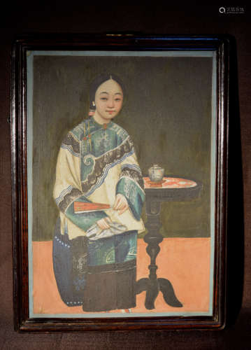 Chinese Export Painting of Lady with White Tea Cup