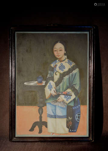 Chinese Export Painting of Lady with Blue Tea Cup
