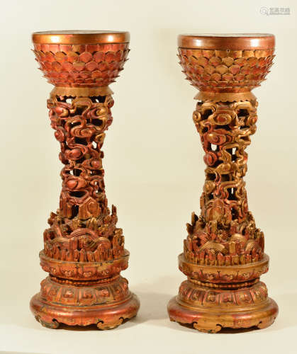 Pair of 18th cen Imperial Buddhist Wood Altar Pedestal with Gold Lacquer