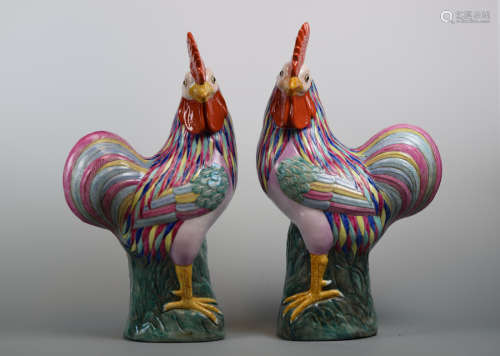 Chinese Export Porcelain Roosters - Pair