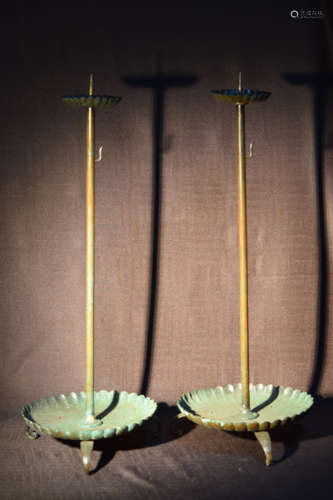 Pair Japanese Bronze Candle Stick with Chrysanthman Motif