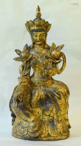Chinese Wood Kuanyin Buddha with Gold Lacquer