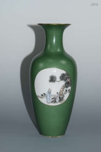 Chinese Green Porcelain Vase with Figurine Scene