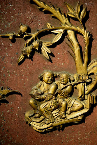 Pair Chinese Carved Wood Panel with Immortals