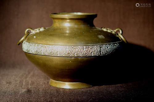 Round Asian Bronze Vase with Lion Mask Handle