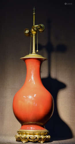 Chinese Oxblood Porcelain Vase Lamp - Gilt Bronze Base Mount