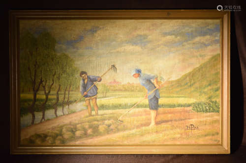Chinese oil Painting of Farmer Scene Dated 1920 Ic Pan