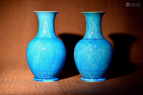 Pair Chinese Peacock Blue Porcelain Vases