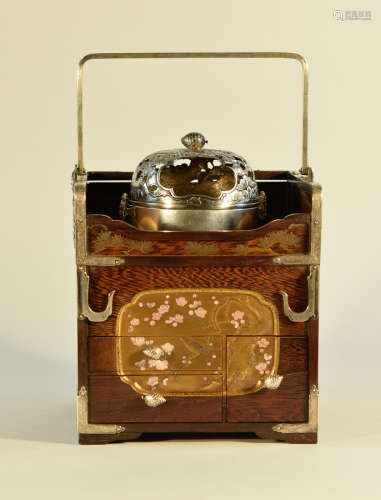 Japanese Opium Warmer Lacquer Chest with Shibayama Inlay