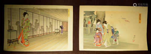 Pair Japanese Wood Block Print - Geisha