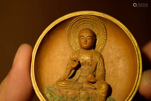 JapaneseCarved Wood Box with Buddha