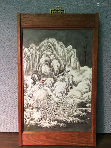 Chinese Porcelain Plaque in Frame with Snow Scene