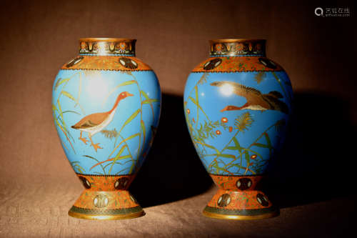 Pair Japanese Cloisonne Vases with Goose Scene