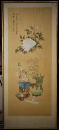Chinese Painting on Silk of Floral and Archaic Vessel